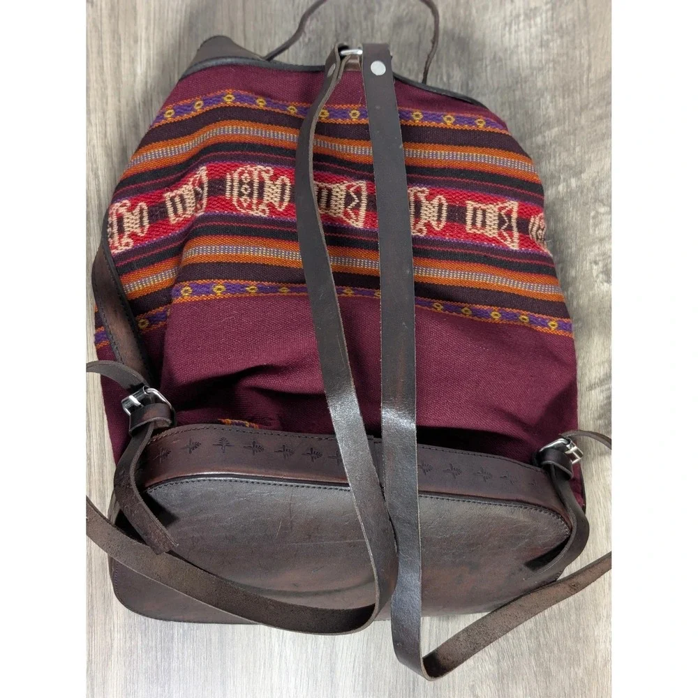 Handcrafted Tooled Leather‎ Bohemian Backpack Aztec Burgundy Brown